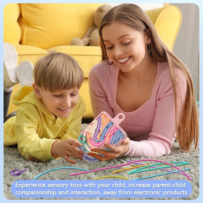 Silicone Sensory Activity Board, Double-Side Fidget Toy for Anxiety, Stress, ADHD, Autism and Calming, Silent, No Mess, Sensory Board with Portable Travel Bag & 12 Strings, Kids 3+ & Adults, Pink
