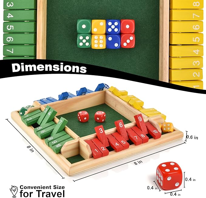 Wooden Shut the Box – Indoor Dice Game – Ideal for 2-4 Players – Great Family Game – Colorful Design - Comfortable Felt – Smart Math Game for Kids – Fun Learning Board Game - Nice Gift Packaging