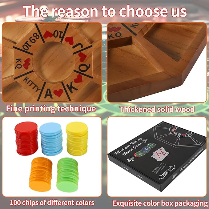 Michigan Rummy Game Luxury Set Royal Hearts Rummy Poker Wooden Tripley Board Game Bravado Game Classic Family Card Game 100 Chips 2 Playing Cards (Small Octagon, Walnut Color)