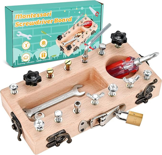 Montessori Screwdriver Board Set, Wooden Montessori Toys for 3 4 5 Year Old with Lock and Key Toy, Educational Sensory Learning Toy STEM Fine Motor Skills Toys