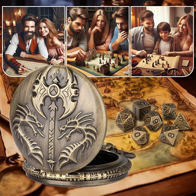 Mini DND Dice Set with Double Headed Dragon(Top Double-Sided Axe) Pocket Watch Case, 7-PCS Polyhedral Metal D&D Dice, DND Gifts with Gift Box, Role Playing Game Board Game Accessories Dice, Bronze