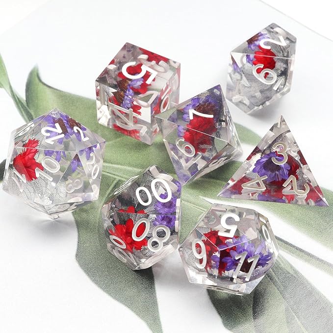 Haxtec Flower DND Dice Set Sharp Edge Dice with Dice Case Handmade Red Purple Floral Resin D&D Dice Set for TTRPGs Dungeons and Dragons Gifts