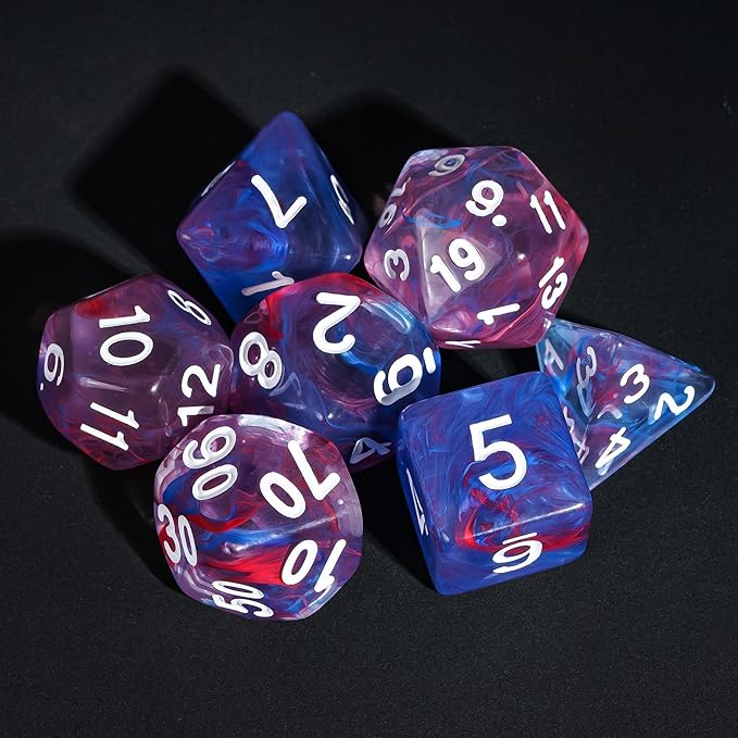 7-Die DND Dice Set Polyhedral Dice Set with a Leather Dice Bag, D&D Dice Set for Dungeons and Dragons, RPG Table Games (Transparent Blue Mix Red)