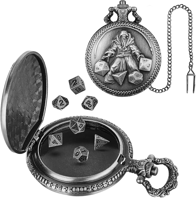 Mini DND Dice Set, Hand Held Dice Wizard Pocket Watch Shell Case, 7 Piece Polyhedral Metal D&D Dice Set, DND Gifts with Gift Box, Role Playing Board Game Accessories, Dark Silver