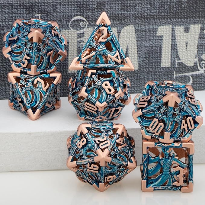 Hollow DND Dice Set Metal Wizard Dice with Box, 7pcs Blue Polyhedral D and D Dice for use with D&D RPG Tabletop Games Role Playing Game