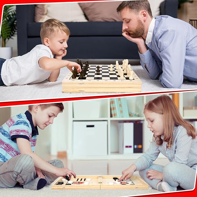 4 in 1 Fast Foldable Slingshot Puck Game with Chess Board and Checkers Board, Tic Tac Toe, Wooden Air Hockey for Family Night, Table Games for Adults and Kids
