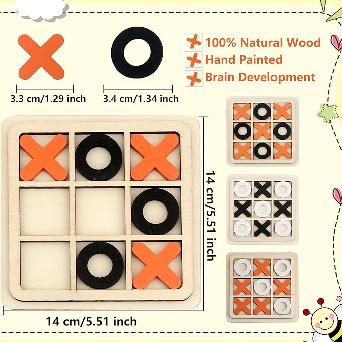 12 Sets Kids Wooden Tic Tac Toe Game XO Wood Board Game Classic Mini Tabletop Game Set for Boys Girls Educational Games Toy Goody Bag Filler Birthday Party Favor