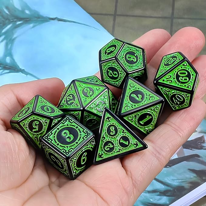 CiaraQ DND Polyhedral Dice Set for Dungeons and Dragons RPG MTG Role Playing Table Games-with 1 Dice Pouch (Green Engraved Dice)
