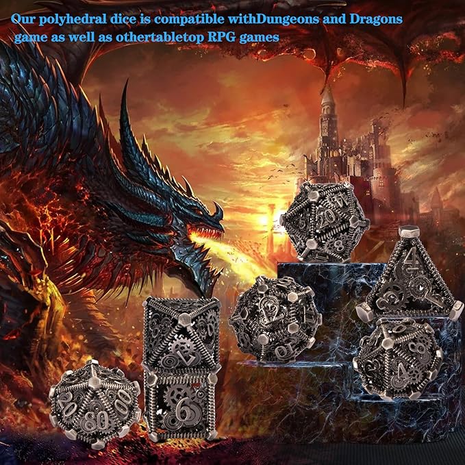 DND Metal Dice Set, UBEUCK 7PCS Gear Metal DND Dice Set for Dungeons & Dragons Board Games Boxes(Ancient Nickel Gear)