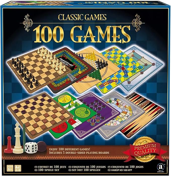 Classic Games, Enjoy 100 Different Games, Includes 5 Double-Sided Playing Boards, Fun for Children and Adults, For Ages 3 and up