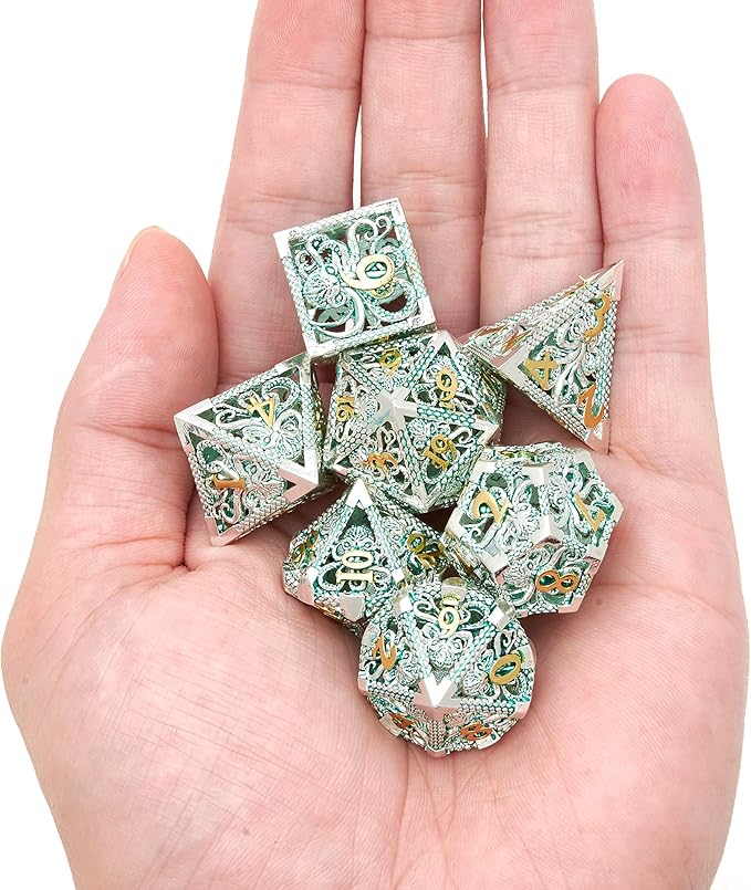 Hollow Metal DND Game Dice Green 7Pcs Set for Dungeons and Dragons RPG MTG Table Games D&D Pathfinder Shadowrun and Math Teaching