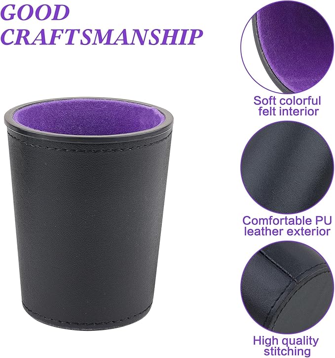 Felt-Lined PU Leather Dice Cup Set, 6 Quiet Dice Shaker Cups with 36 Dices for Bar Party Yahtzee Farkle Dice Games, Purple