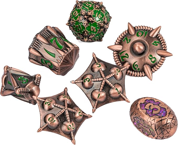 UDIXI Metal DND Dice Set, 7PCS Polyhedral Dice Set D&D with Unique Shape for Dungeons and Dragons Role Playing Games RPG Board Games (Copper with Green Number)