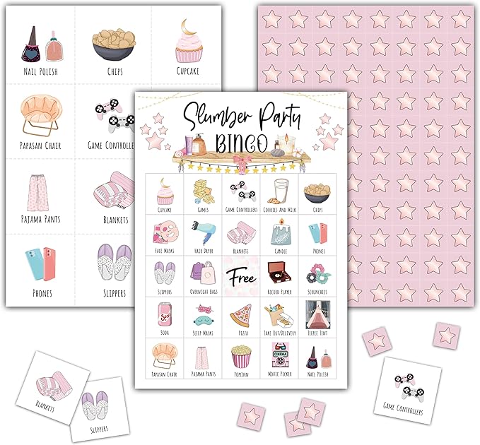 Slumber Party Bingo Games - Girls Sleepover Party Bingo Card - 24 Players Bingo Game Set for Adult Family Friends - Pajama Party Activities - Bridal Shower Party Favors Supplies -C04