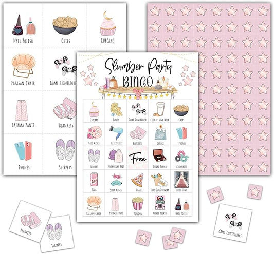 Slumber Party Bingo Games - Girls Sleepover Party Bingo Card - 24 Players Bingo Game Set for Adult Family Friends - Pajama Party Activities - Bridal Shower Party Favors Supplies -C04
