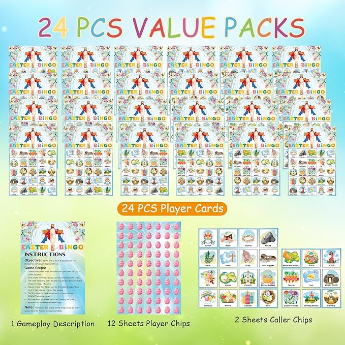 Easter Bingo Game Cards - 24 Players Bingo Games Indoor Activities Gifts Party Favors, Family Open Day Holiday Parties Supplies, Easter Basket Filler Stuffers
