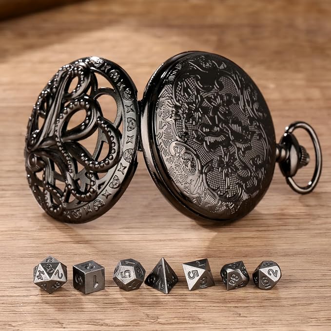 Mini DND Dice Set With Steampunk Hollow Octopus Pocket Watch Shell Case, 7pcs Polyhedral Metal Dice Set, D&D Gifts With Gift Box, Role Playing Board Games Accessories, Black