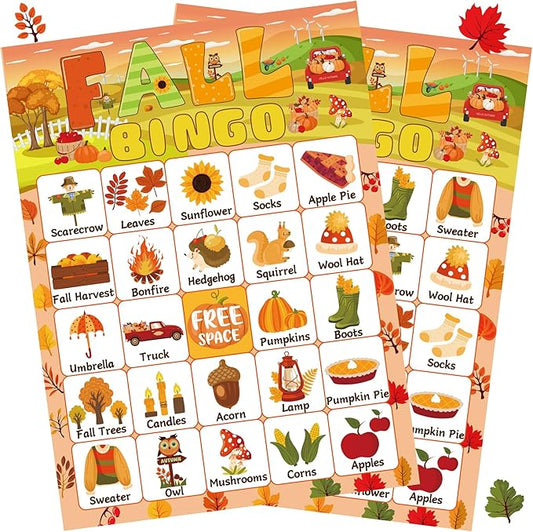 Fall Bingo Harvest Game with 24 Autumn Player Cards for Fall Festival Adults Activities Supplies Favors Thanksgiving Party Games