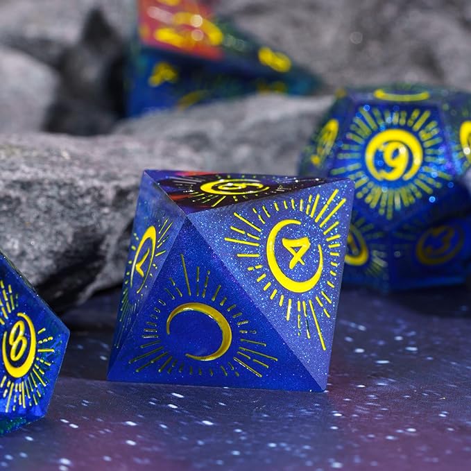 Cusdie Sharp Edges DND Dice, 7 PCs Moon Dice Set D&D Dice, Handcrafted Polyhedral Dice Set, for Role Playing Game Pathfinder(Moon/Blue Black)