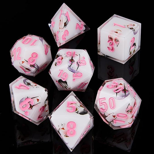 DND Dice Set Polyhedral, IDTQ Dungeons and Dragons Purple Dice Set RPG MTG Table Games 7-Die Resin Sharp with Acrylic Starlight Accent Box (Lips-White)