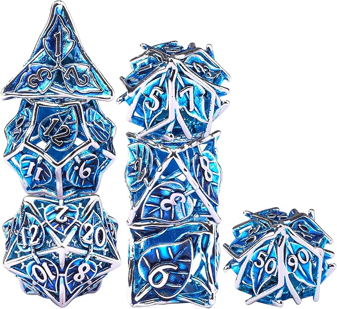 AUSTOR Metal DND Dice Set 7 Pieces Leaf DND Dice Hollow Polyhedral Dice D20 D12 D10 D% D8 D6 D4 Metal Dice with Metal Box for Dungeons & Dragons RPG Board Games (Blue & Silver)