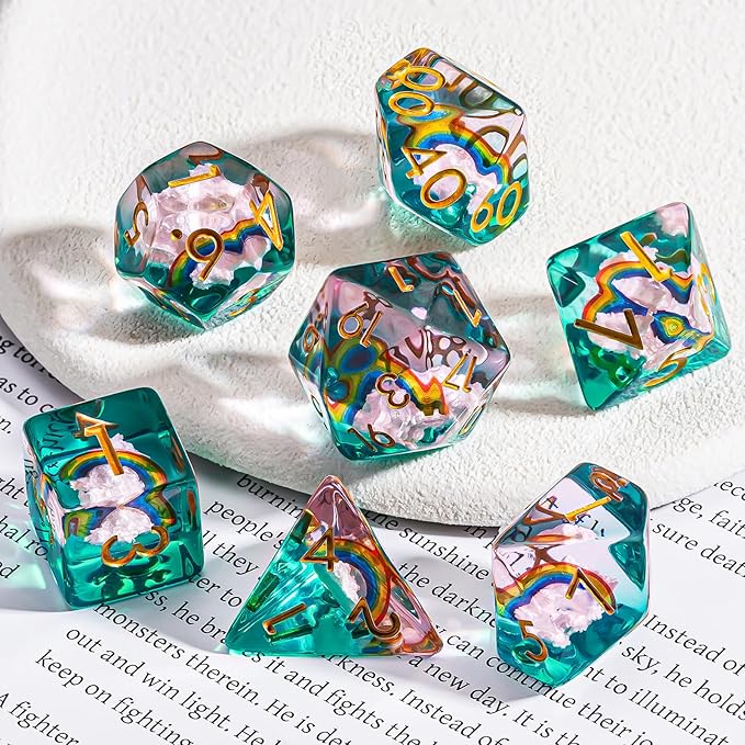 Rainbow Resin D&D Dice Set, Polyhedral Dice for Dungeons and Dragons, RPG, MTG,Role Playing Games (D4, D6, D8, D10, D12, D20, D%) 7PC