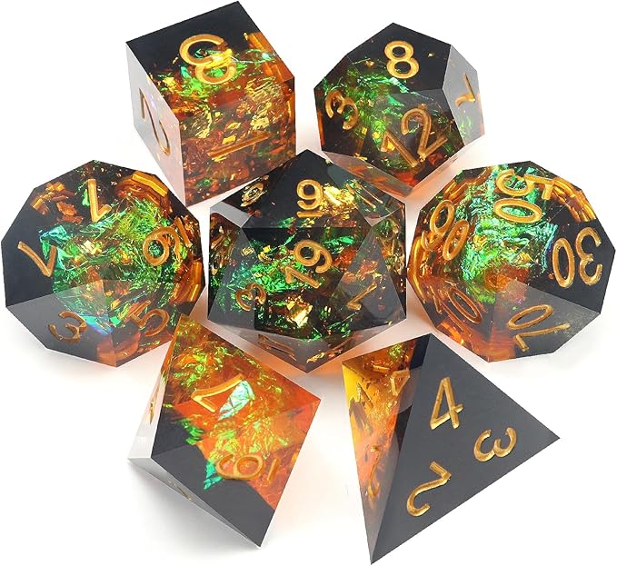 Haxtec Galaxy DND Dice Set Sharp Edge Dice with Dice Case Handmade Yellow Black Resin D&D Dice Set for TTRPGs Dungeons and Dragons Gifts