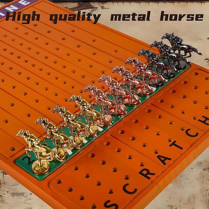 Horse Racing Board Game Solid Wood Horse Race Card and Dice Board Game Luxury Edition Set with 11 Metal Horses 2 Dices and 2 Boxes of Cards（Rectangle,Red Peach）…