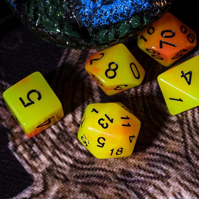 Glow in The Dark DND Dice, 7Pcs Luminous Polyhedral Dice Set with Leather Dice Bag, Glowing D&D Dice for Dungeons and Dragons, RPG, MTG Table Games(Yellow Orange)