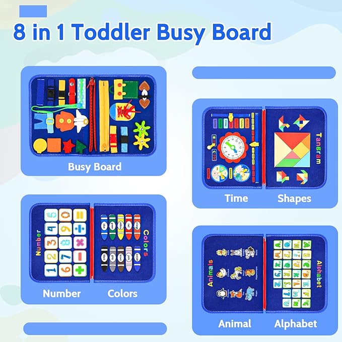 Busy Board Book,8 in 1Toddler Montessori Toys for 18 Months Toddler-Girls Birthday Gifts,Easter Sensory Toys for Toddlers,Alphabet Number Animal Educational Activities Toy for Motor Skills