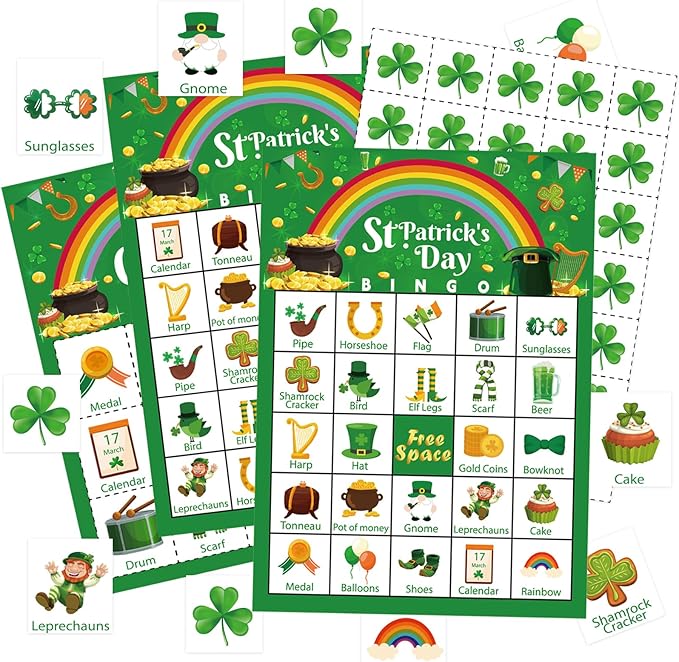 St Patrick's Day Bingo Games Cards for Adult Boy Girl, 24 Players St Patrick's Day Party Bingo Games Irish Shamrock Bingo Cards for Saint Patrick's Day Family School Classroom Activities