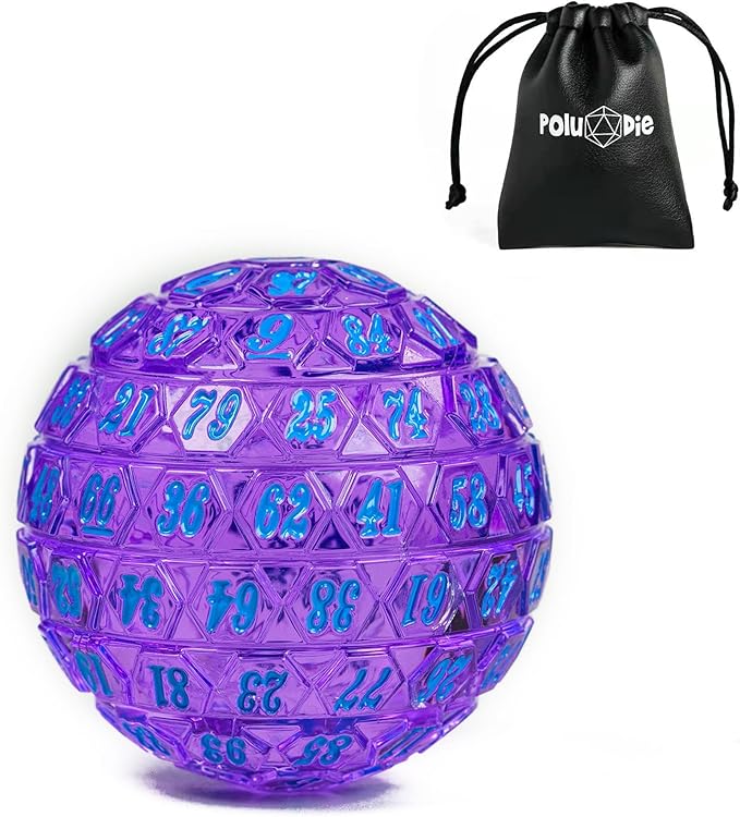 100 Sided Polyhedral Dice, Single D100 Game Dice, 100 Sided Cube with Black Pouch, D100 die 48 mm (Transparent Purple with Blue Number)