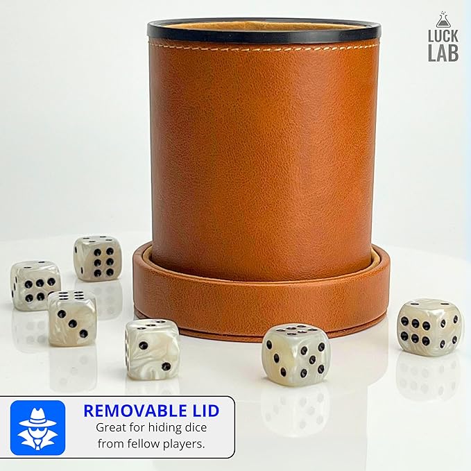 Luck Lab Brown Leather Dice Cup with Lid Including 6 Matching Pearl Dice - Tan Velvet Interior for Quiet Shaking - Use for Liars Dice Farkle Yahtzee Board Games