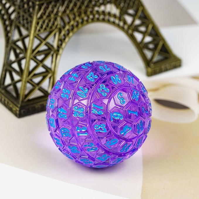 100 Sided Polyhedral Dice, Single D100 Game Dice, 100 Sided Cube with Black Pouch, D100 die 48 mm (Transparent Purple with Blue Number)