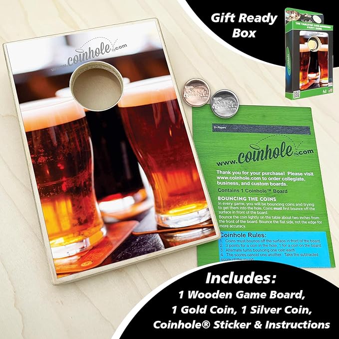 Desktop Coin Bouncing Party Set | Tabletop Cornhole Board | Small Travel Game Includes Coins