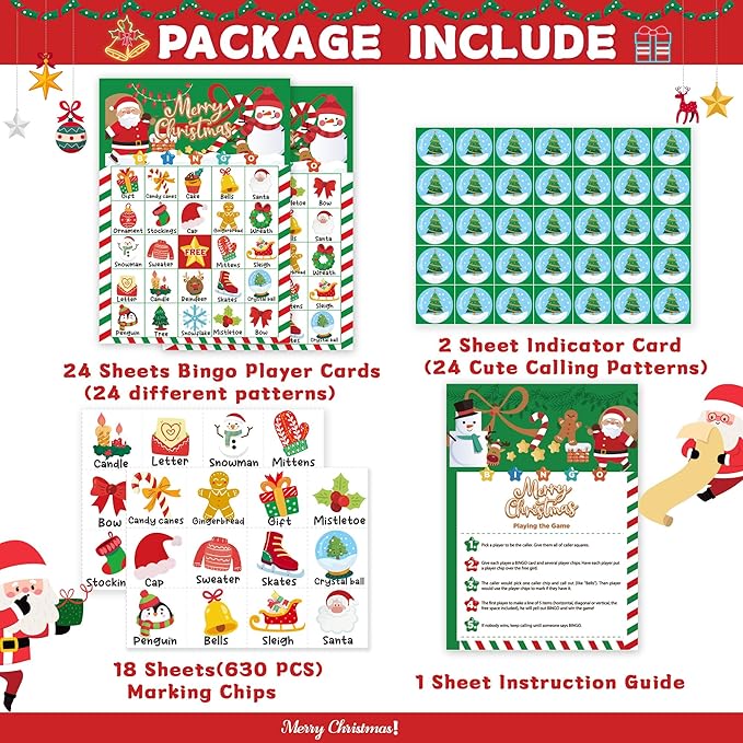 45PCS Christmas Bingo Game Cards for 24 Players Christmas Bingo Games for Classroom Activities Family Party Favors Xmas Gifts Holiday Supplies