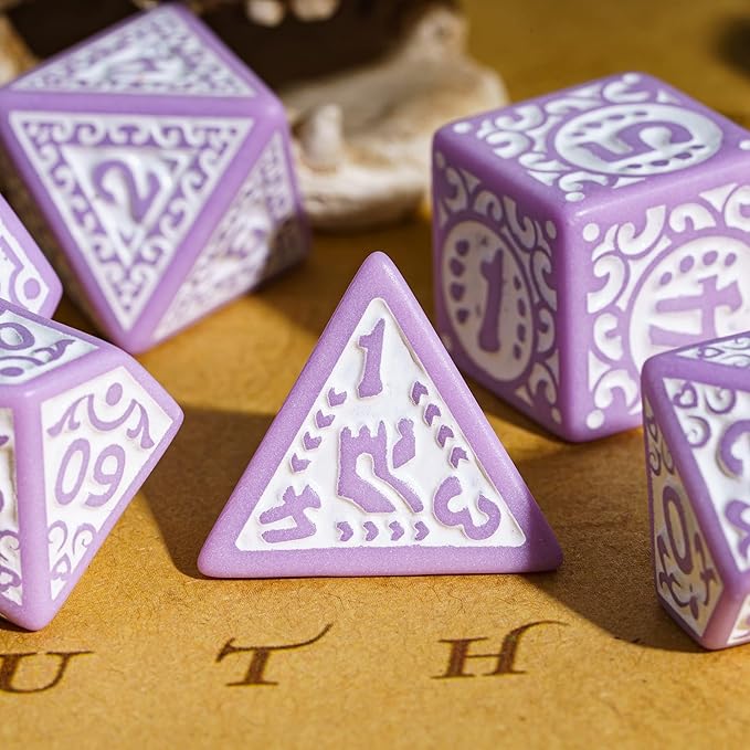 7-Die DND Dice Set New Pattern Polyhedral Dice Set with Leather Bag D&D Dice Set for Dungeons and Dragons RPG MTG Table Games(Purple White)