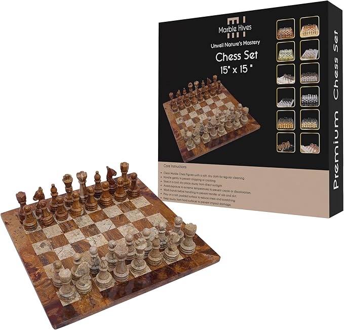 15 Inch Luxury Chess Set Classic Chess Boards for Adults with Handcrafted Stone Board & Marble Chess Pieces Ideal for Home Decor (Red & Coral)