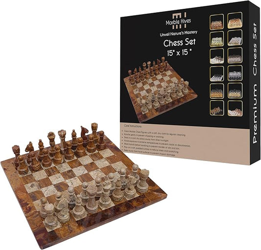 15 Inch Luxury Chess Set Classic Chess Boards for Adults with Handcrafted Stone Board & Marble Chess Pieces Ideal for Home Decor (Red & Coral)