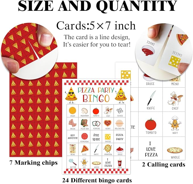 Pizza Party Bingo Game - 24 Player Bingo Cards for Women, Men, Family & Friends - Holiday Party Activities & Supplies - JK0102