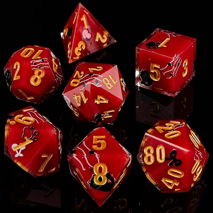 DND Dice Set Polyhedral, IDTQ Dungeons and Dragons Purple Dice Set RPG MTG Table Games 7-Die Resin Sharp with Acrylic Starlight Accent Box (Cats-Red)