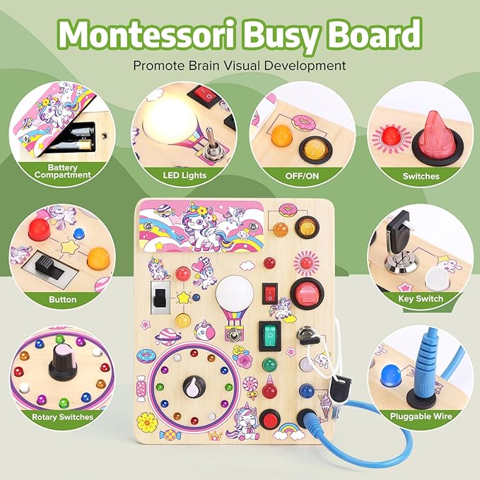 Unicorn Busy Board with LED Light，Montessori Toy for 1+ Year Old，Engaging Sensory Board for Fine Motor Skills,Gifts & Travel Toys for Toddlers 1-3,Busy Board Plus Version.