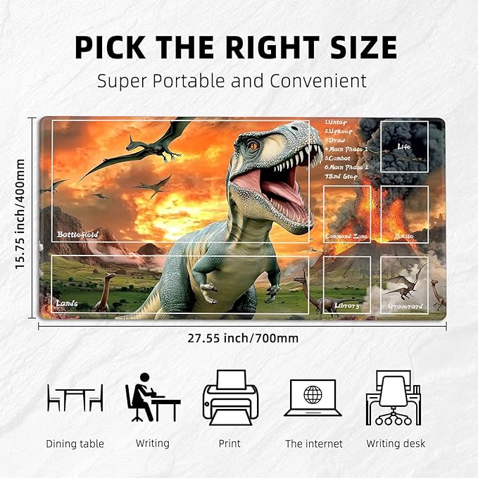 for MTG Playmat with Zones Storage Bag,for TCG Playmat and Playing Card Mat for Magic Board Games, Dinosaur Non Slip Stitched Edges Game Mat, Rollable Foldable Card Playmats