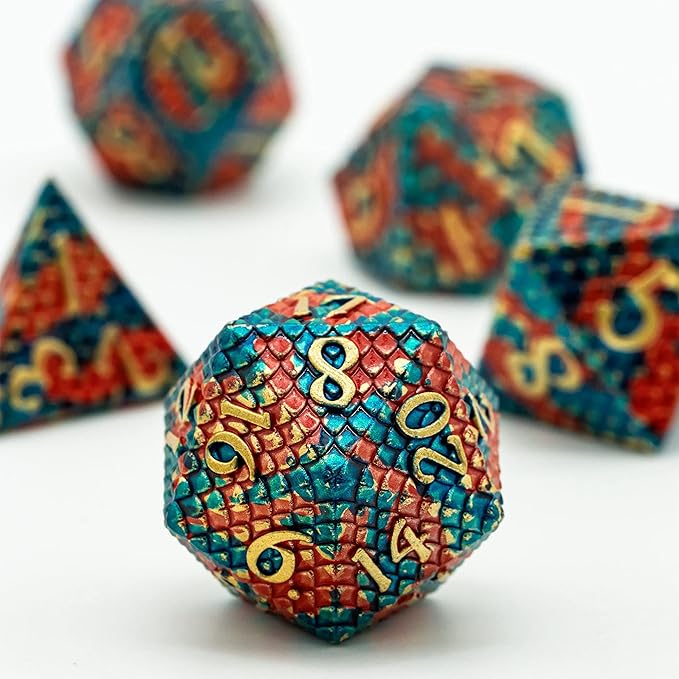 UDIXI Metal Dice Set, Dragon Scale D&D Metal DND Dice with Dice Pouch for Role Playing Games Dungeons and Dragons and Other Tabletop Game (Blue with Orange)