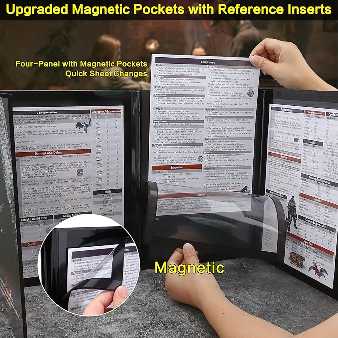 Haxtec DND DM Screen, Dungeons and Dragons Master Screen, Four-Panel with Magnetic Pockets DM Screen for Board Games Masters, TTRPG Accessories D&D Gifts for DM Dungeons Masters