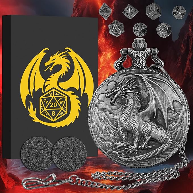 Mini DND Dice Set with Steampunk Dragon Pocket Watch Case, Tiny 7-Piece Polyhedral Metal D&D Dice, DND Gifts with Gift Box for DND Lovers, Role Playing Game Board Game Accessories Dice, Dark Silver