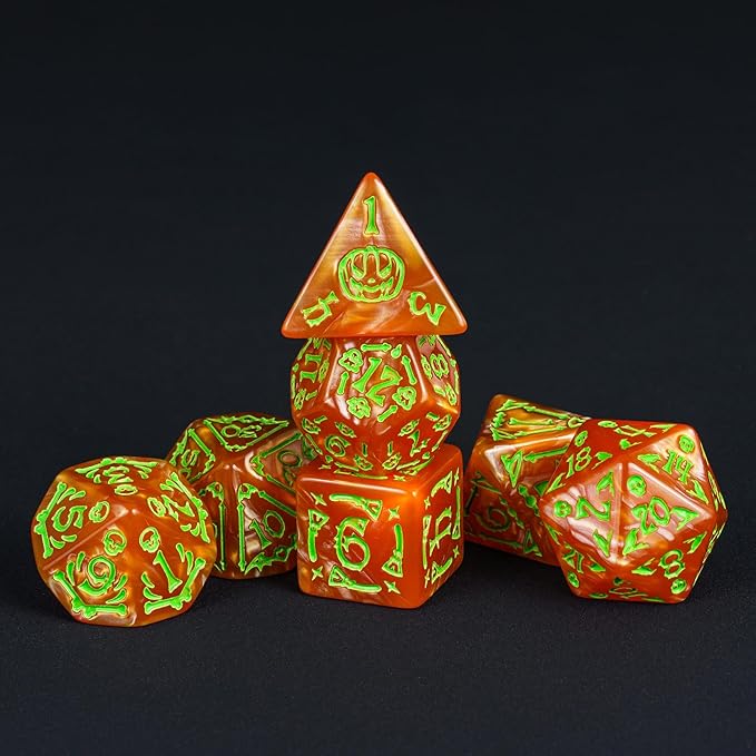 7-Die DND Dice Set Halloween Pattern Polyhedral Die Set with Leather Bag, Skull Dice D&D Die for Dungeons and Dragons RPG Table Games(Halloween Pattern-Orange/Green Number)
