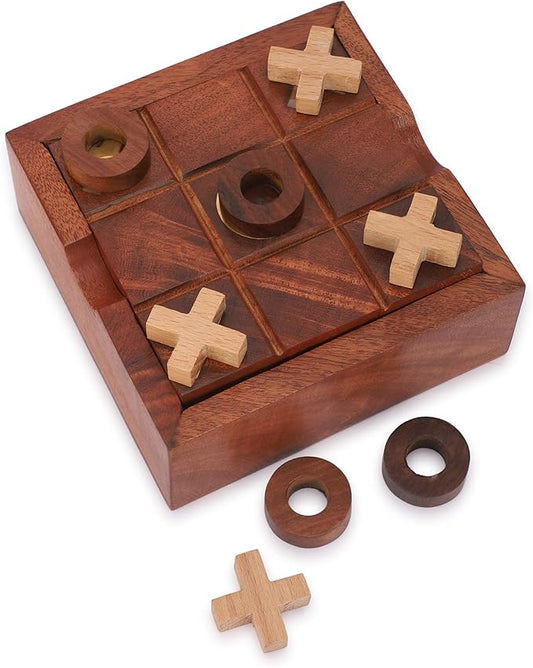 Ajuny Wooden Tic Tac Toe and Solitaire Board Games 2 in 1 Set with Steel Marbles and Wood Zero Cross for Kids and Adults Coffee Table Living Room Decor Fun Family Night Game 4.5 Inch