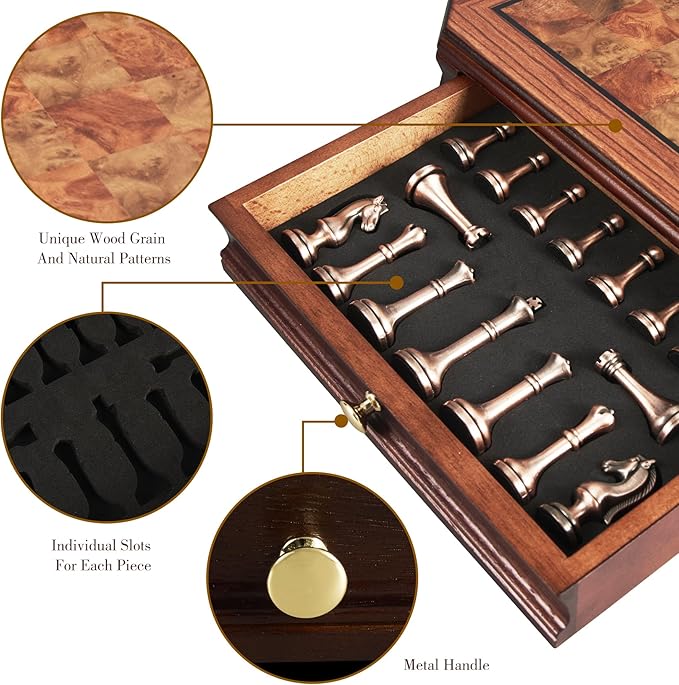 12" Wooden Chess Set with 2 Built-in Storage Drawer and Distressed Metal Chess Pieces - 2 Extra Queens Retro Desktop Chess Board Game for Adults and Beginners