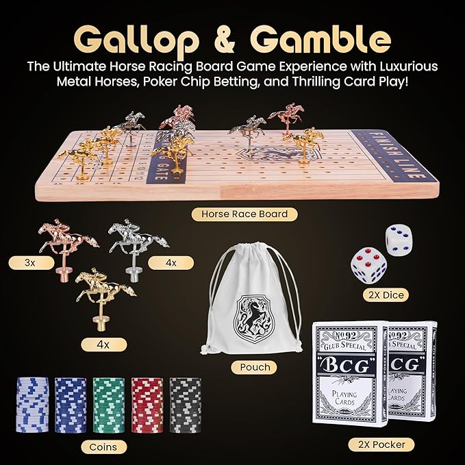 Horse Racing Game - Exciting Horse Race Board Game with Cards, Dice, Metal Horses & Poker Chips - Perfect for Parties, Game Nights & Bonding - Includes Wooden Board, Playing Guide & Storage Bag
